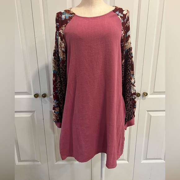 Umgee, New Multi Pattern Sleeves Pink Shift Tunic Dress with Pockets - Picture 2 of 13